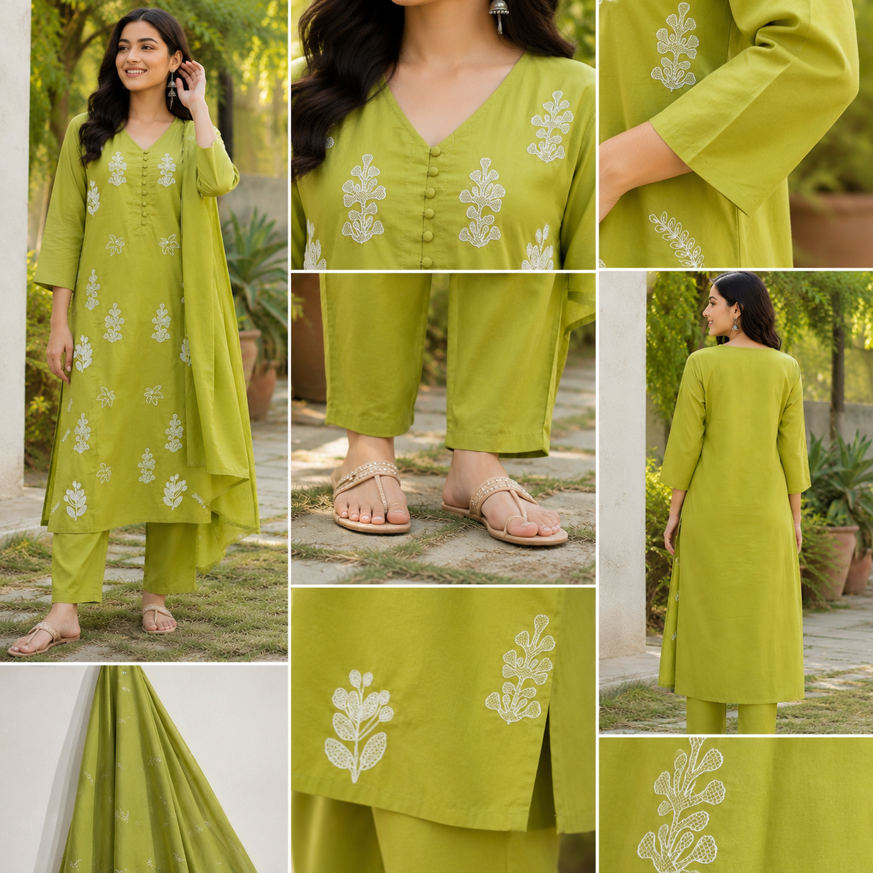 Apple Green Pure Cotton Straight Suit with Embroidery