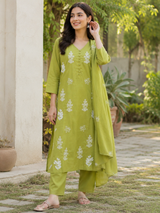 Apple Green Pure Cotton Straight Suit with Embroidery