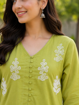 Apple Green Pure Cotton Straight Suit with Embroidery