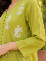 Apple Green Pure Cotton Straight Suit with Embroidery