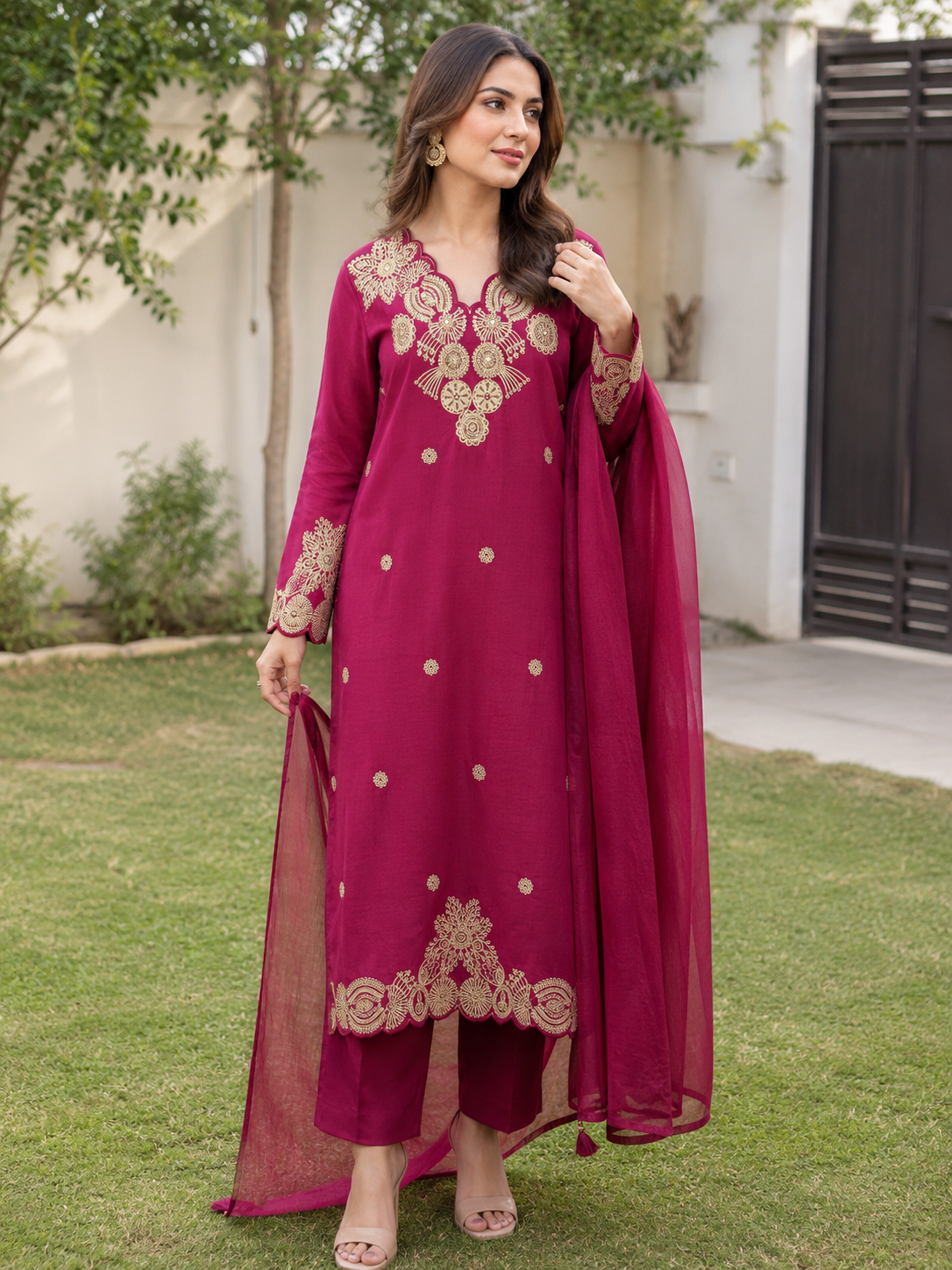 Rani Pink Silly Cotton Straight Suit with Thread Work