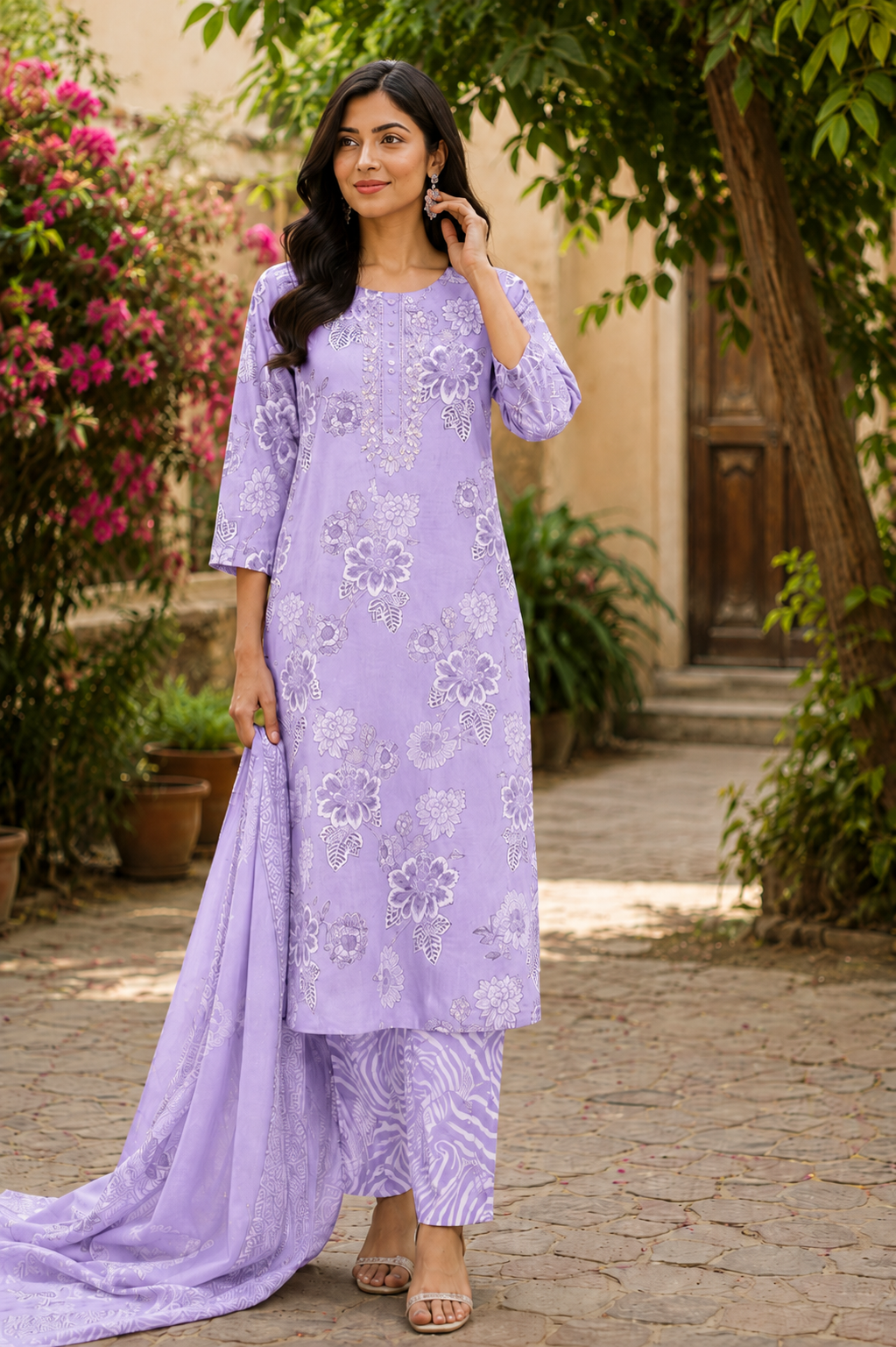 Lavender Pure Cotton Straight suit with Cut Dana & Beads Work