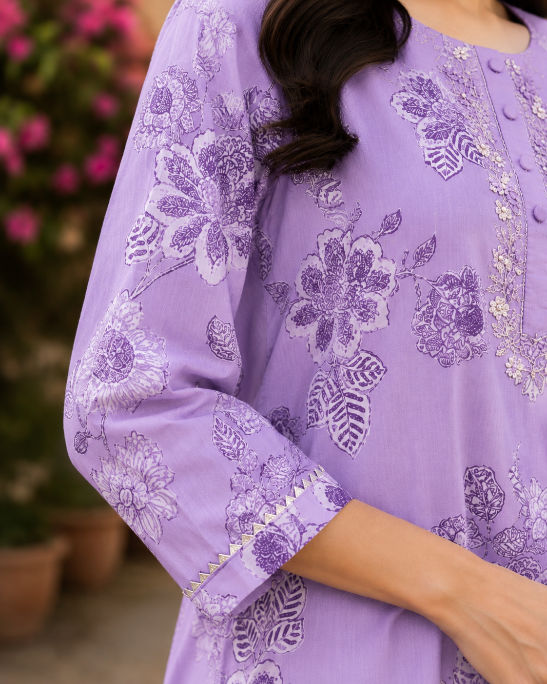 Lavender Pure Cotton Straight suit with Cut Dana & Beads Work
