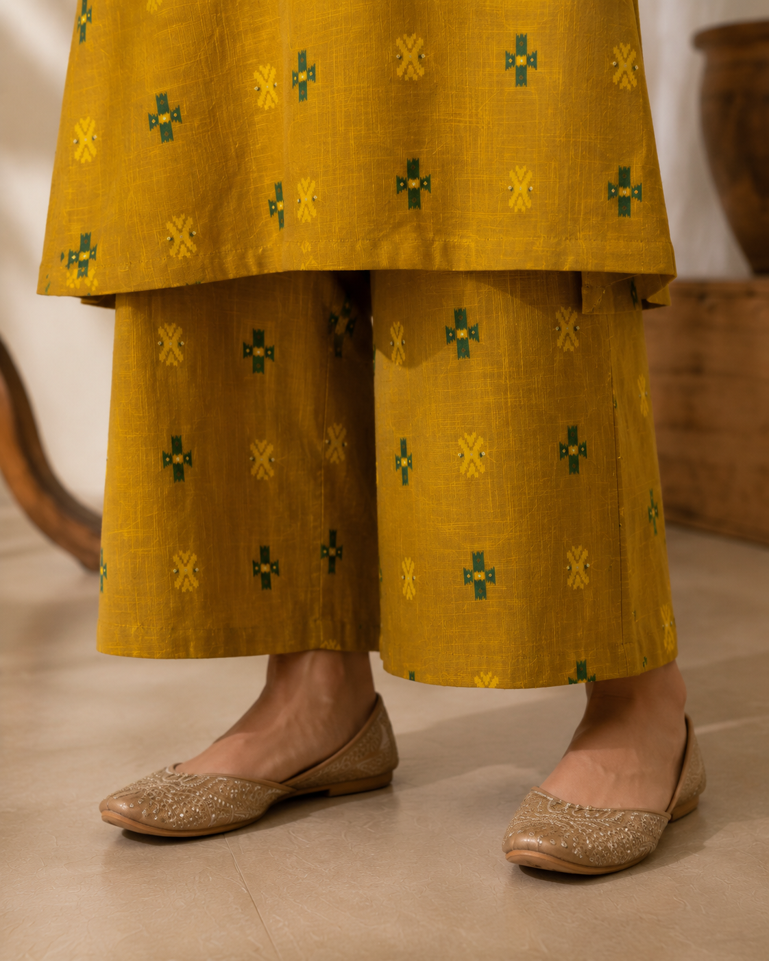 Yellow Khadi Cotton Co-ord Set with Detailing on Neck Line