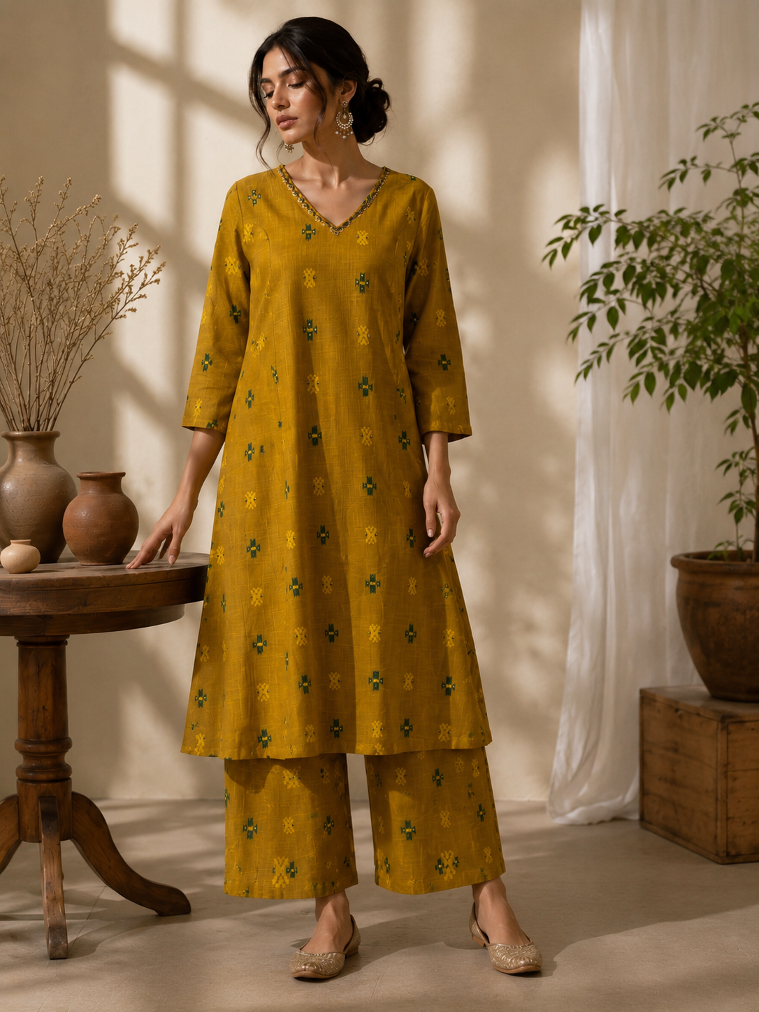 Yellow Khadi Cotton Co-ord Set with Detailing on Neck Line