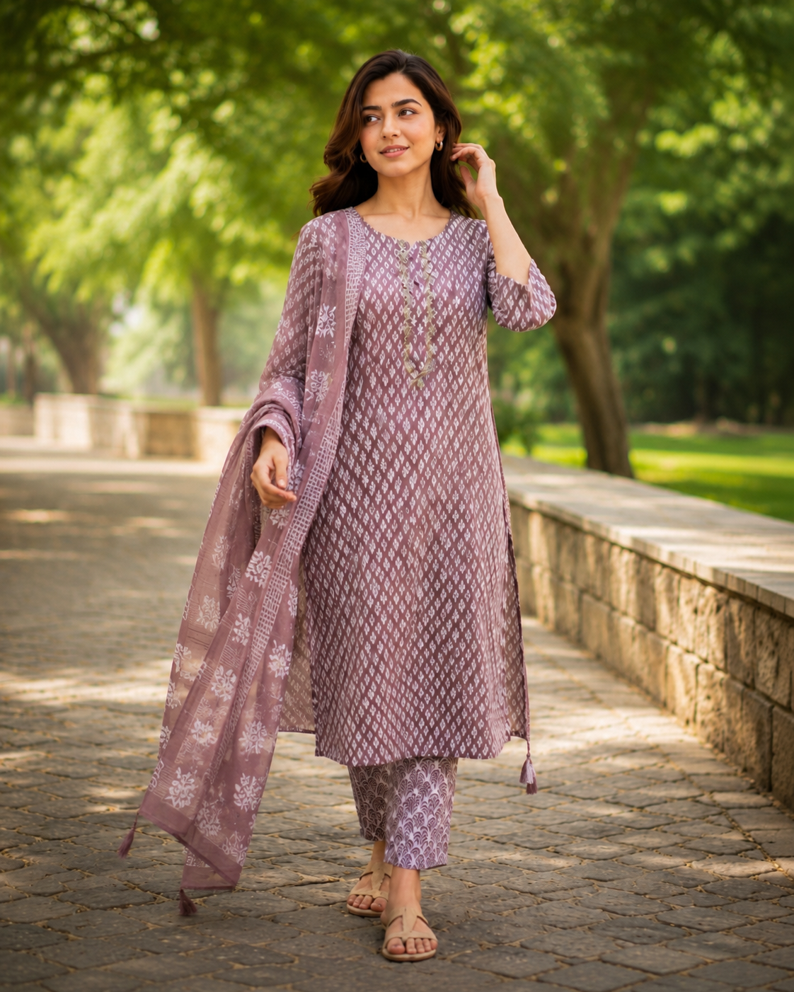 Printed Pure Cotton Straight suit with beads, Cut Dana &  Lace work