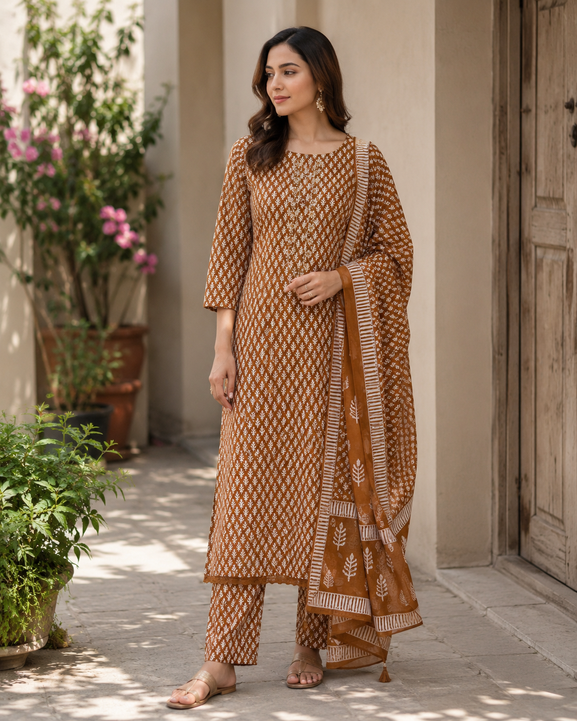 Printed Pure Cotton Straight suit with beads, Cut Dana &  Lace work