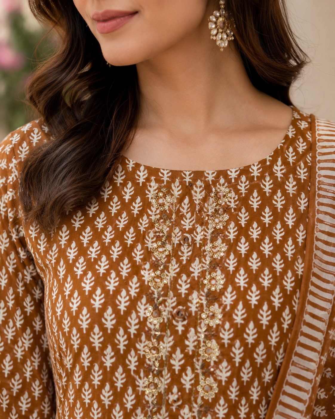 Printed Pure Cotton Straight suit with beads, Cut Dana &  Lace work