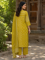 Mustard Yellow Printed Pure Cotton Straight suit with yoke detailing