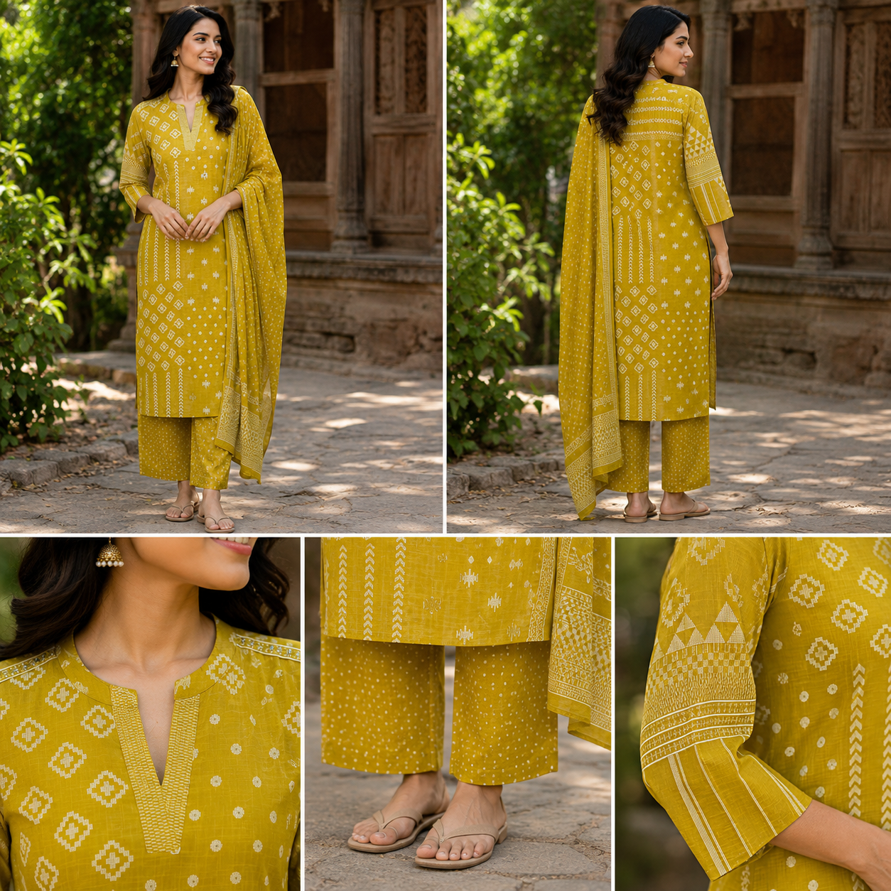 Mustard Yellow Printed Pure Cotton Straight suit with yoke detailing