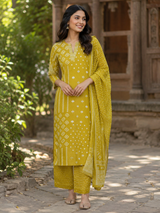 Mustard Yellow Printed Pure Cotton Straight suit with yoke detailing