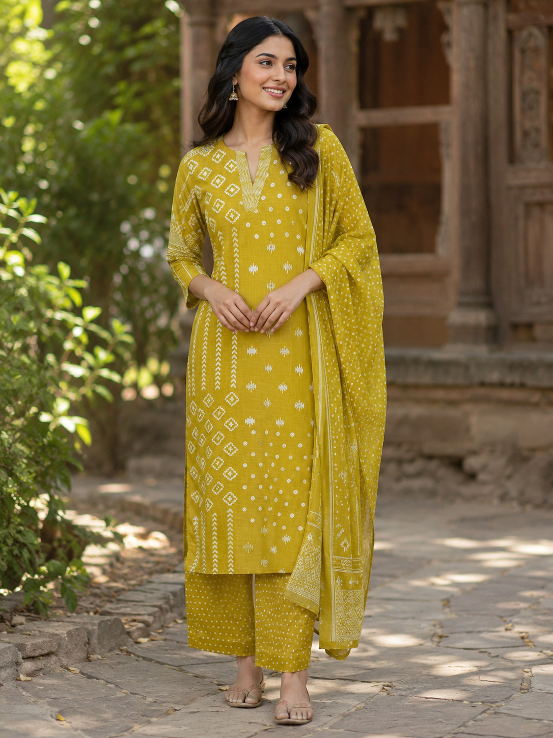 Mustard Yellow Printed Pure Cotton Straight suit with yoke detailing