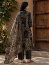 Black Digital Printed Pure Cotton Straight Suit with Neck Detailing