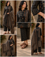 Black Digital Printed Pure Cotton Straight Suit with Neck Detailing