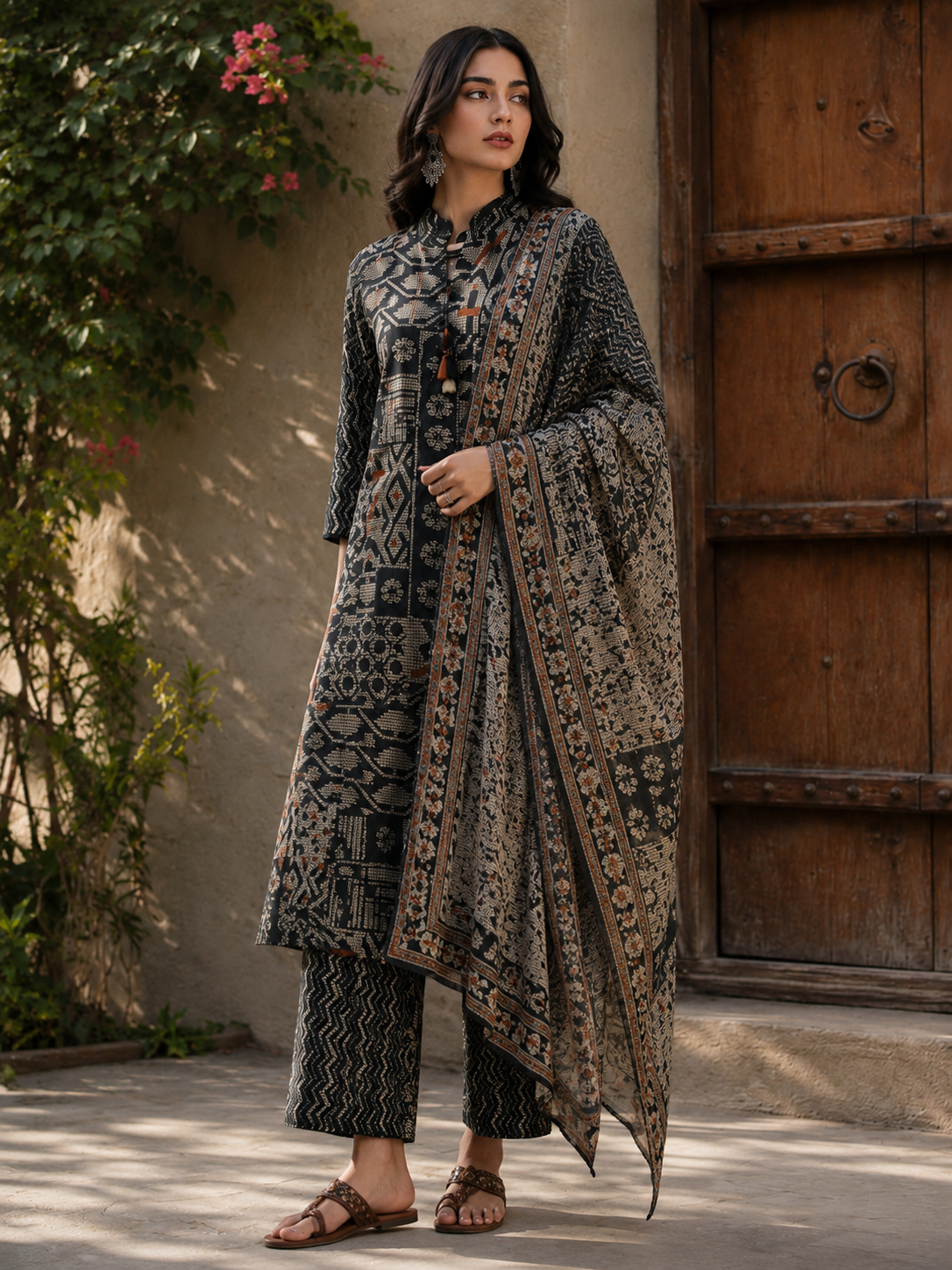 Black Digital Printed Pure Cotton Straight Suit with Neck Detailing