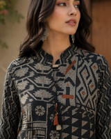Black Digital Printed Pure Cotton Straight Suit with Neck Detailing