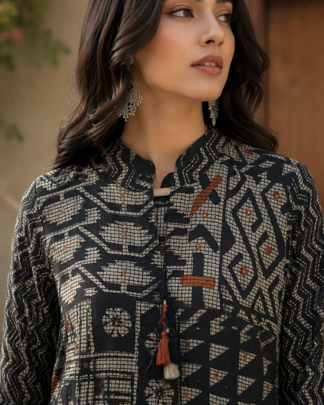 Black Digital Printed Pure Cotton Straight Suit with Neck Detailing