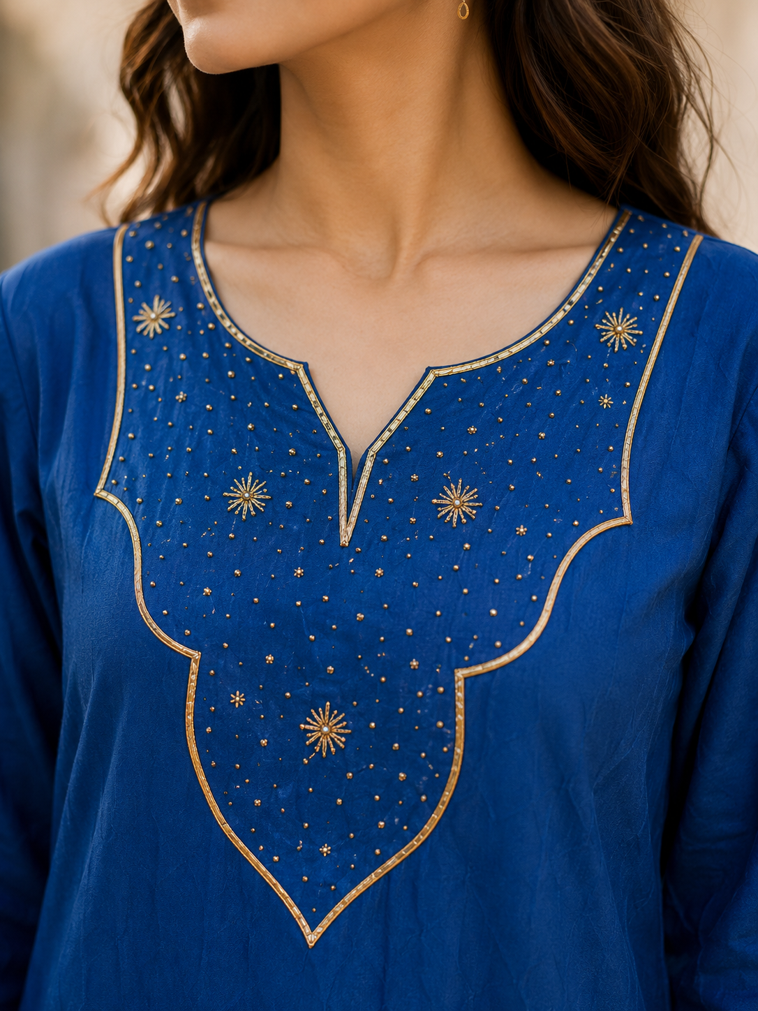 Blue Pure Mul Chanderi Party wear A Line suit with embriodary and sequins work