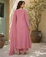 Rose Pink Pure Mul Chanderi A-Line suit with Heavy embriodery & Applique work