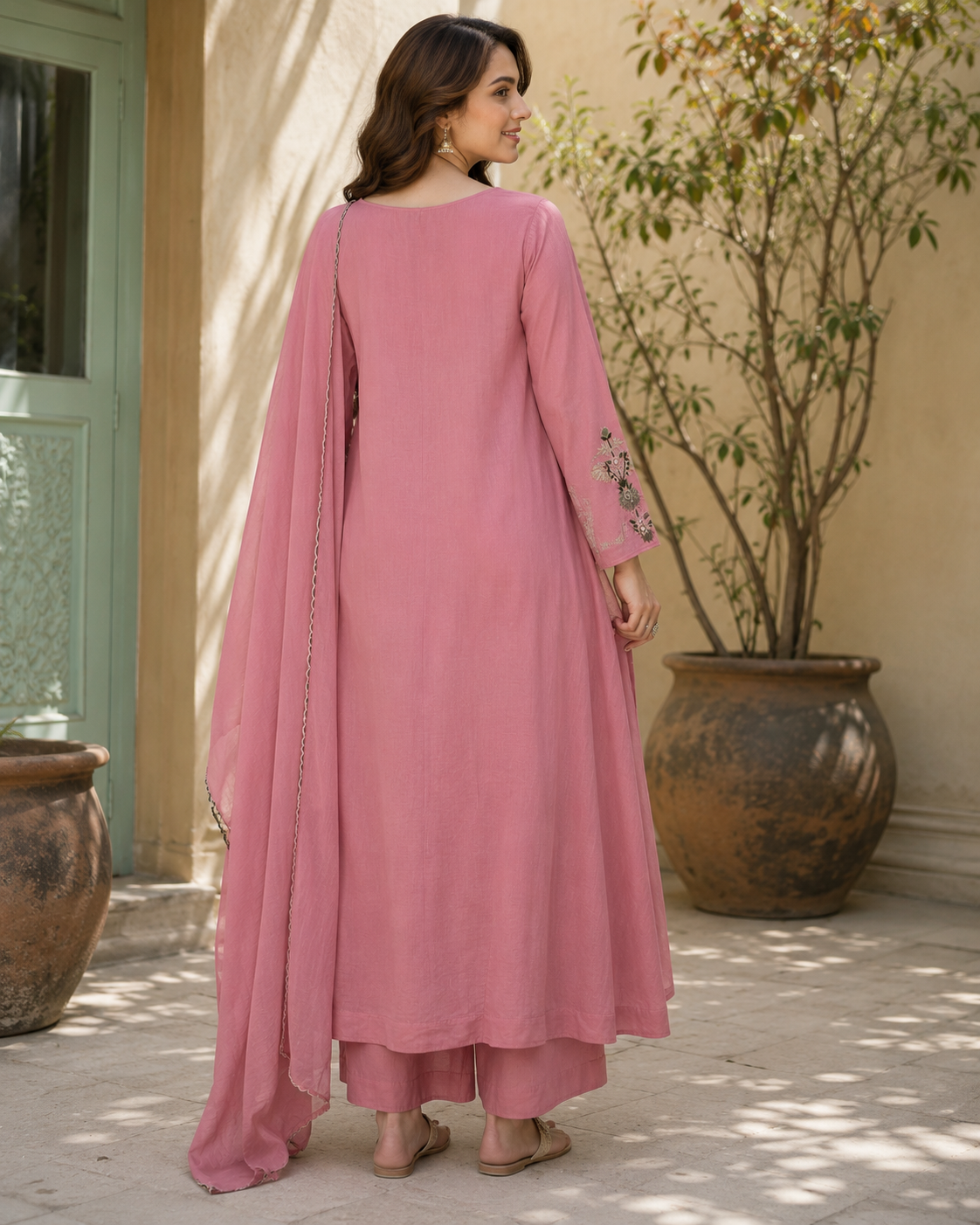 Rose Pink Pure Mul Chanderi A-Line suit with Heavy embriodery & Applique work