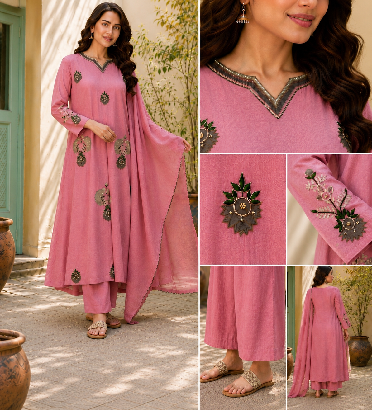 Rose Pink Pure Mul Chanderi A-Line suit with Heavy embriodery & Applique work