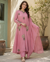 Rose Pink Pure Mul Chanderi A-Line suit with Heavy embriodery & Applique work