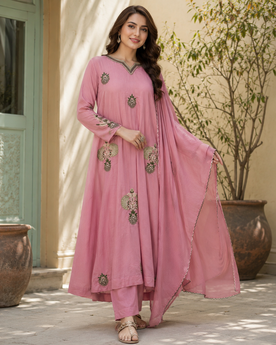 Rose Pink Pure Mul Chanderi A-Line suit with Heavy embriodery & Applique work