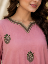 Rose Pink Pure Mul Chanderi A-Line suit with Heavy embriodery & Applique work