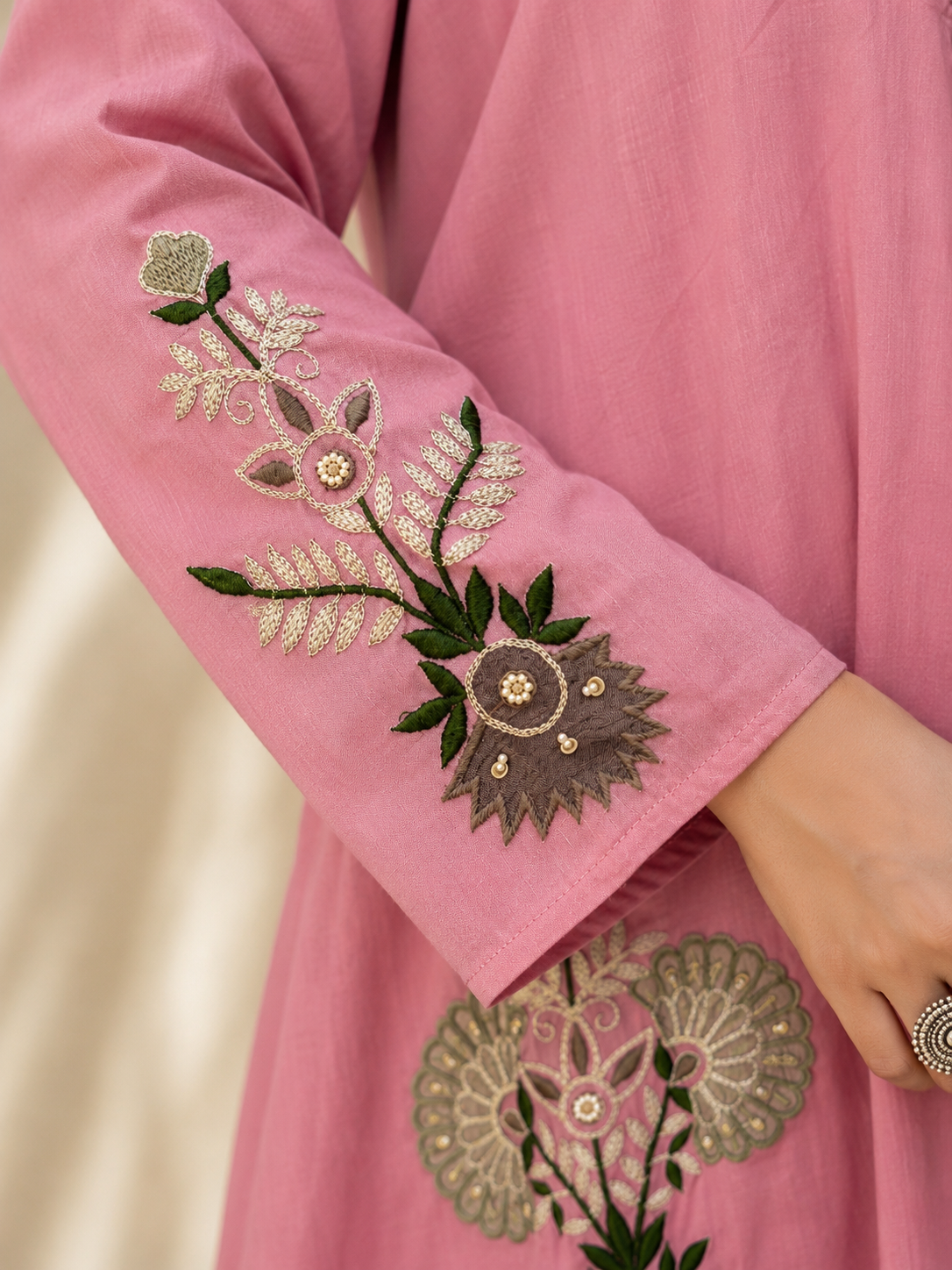 Rose Pink Pure Mul Chanderi A-Line suit with Heavy embriodery & Applique work