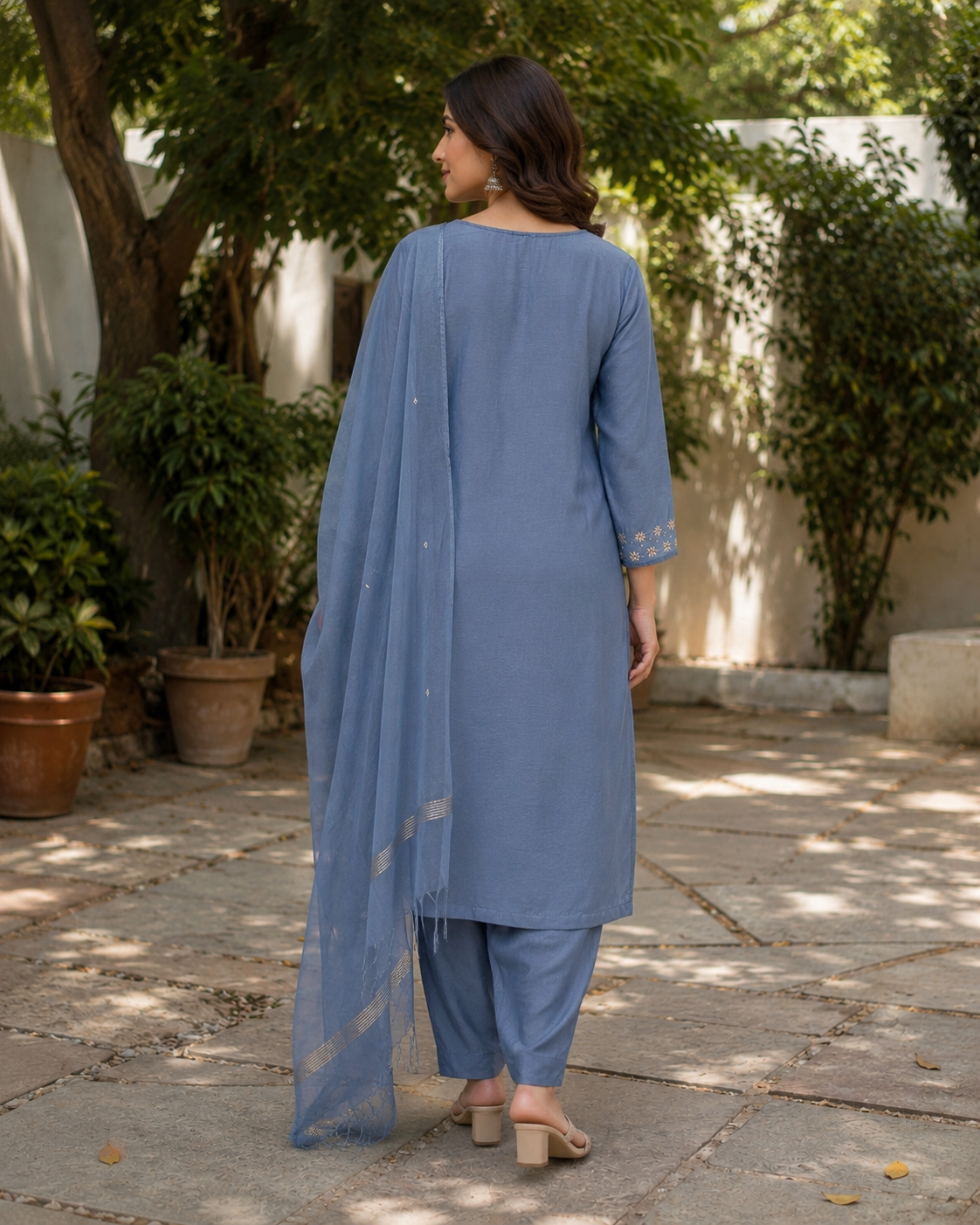 Grey Blue Pure Chanderi  Straight Suit with Neck Detailing