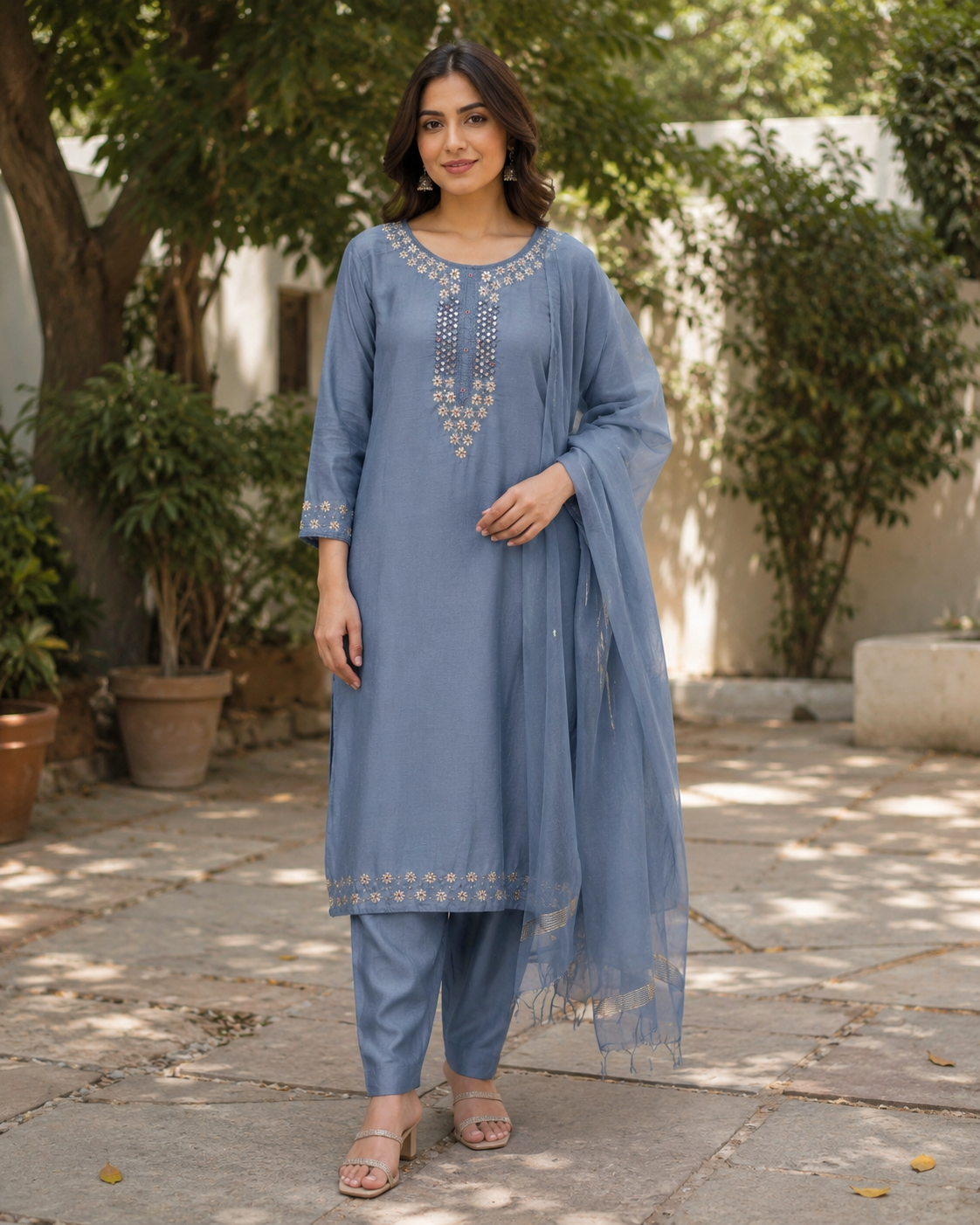 Grey Blue Pure Chanderi  Straight Suit with Neck Detailing