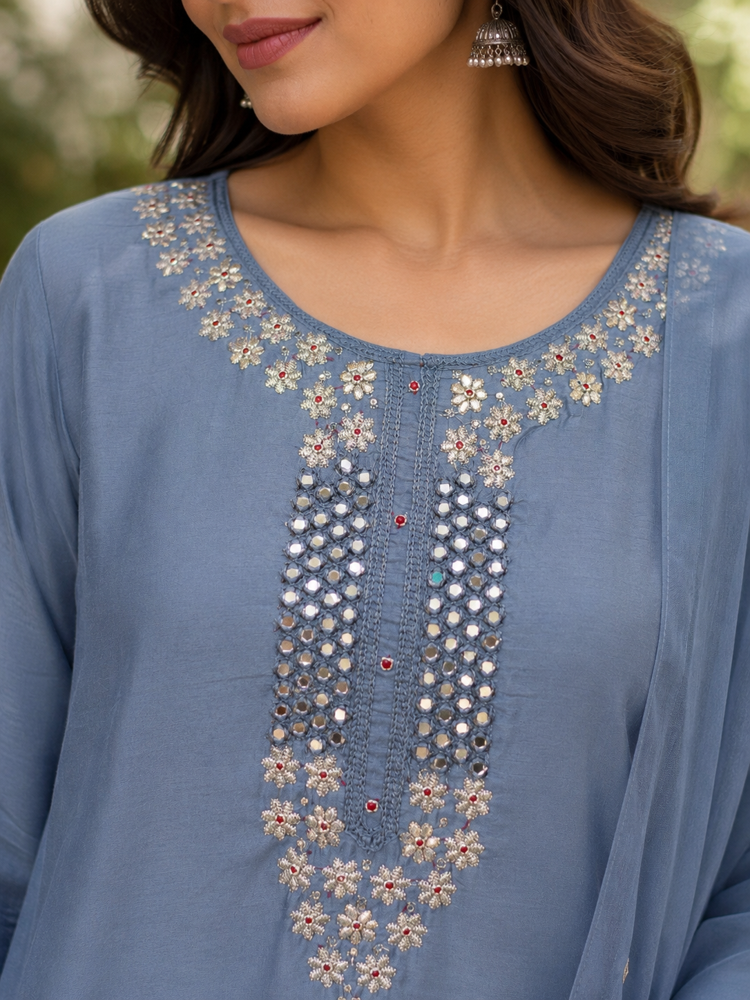 Grey Blue Pure Chanderi  Straight Suit with Neck Detailing