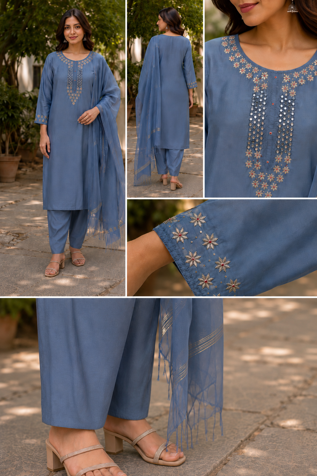 Grey Blue Pure Chanderi  Straight Suit with Neck Detailing