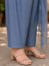 Grey Blue Pure Chanderi  Straight Suit with Neck Detailing