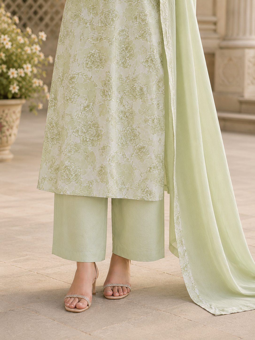 Apple Green Pure Cotton Straight Suit with Detailing work