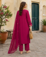 Magenta Pure Cotton Straight suit with Embroidery and lace work