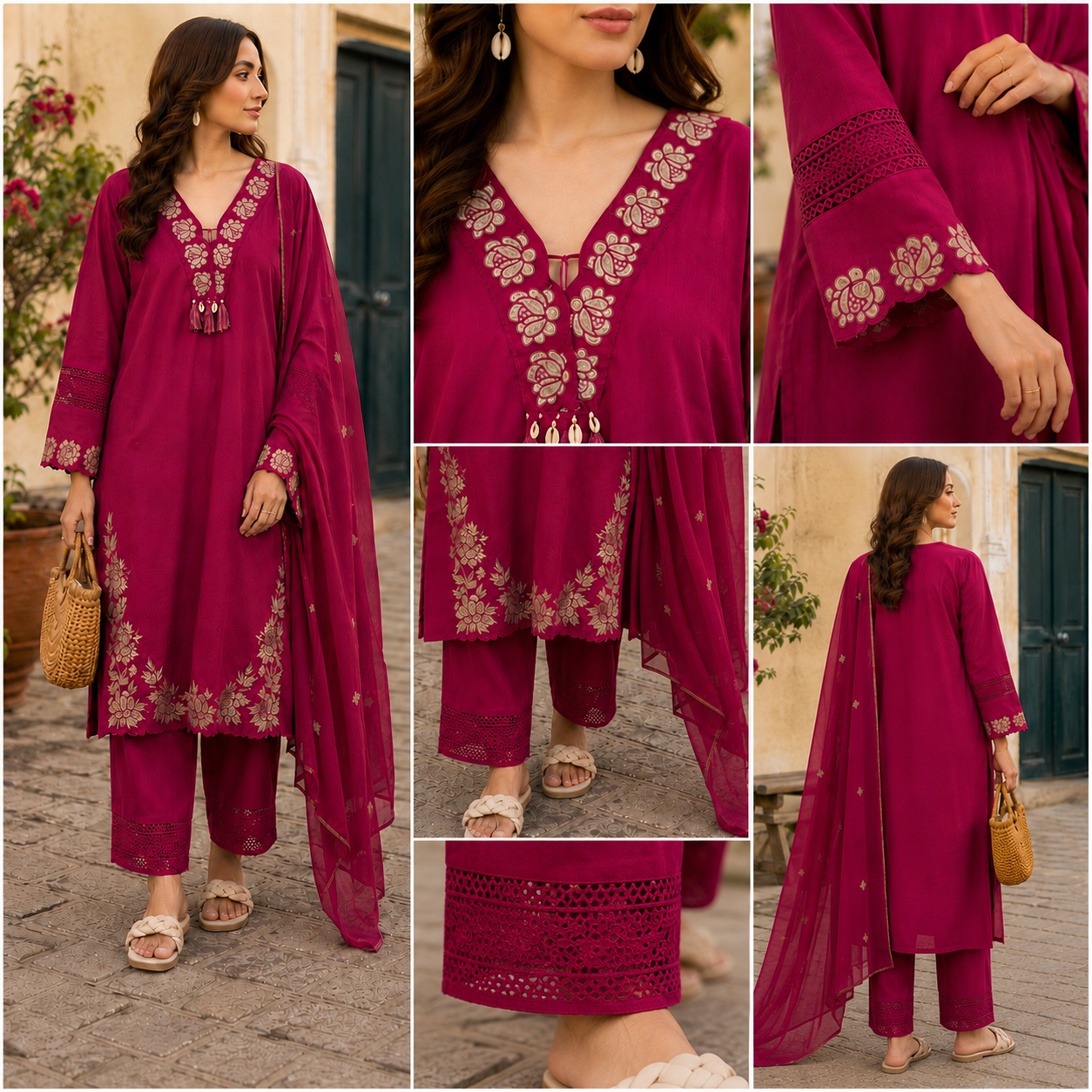 Magenta Pure Cotton Straight suit with Embroidery and lace work