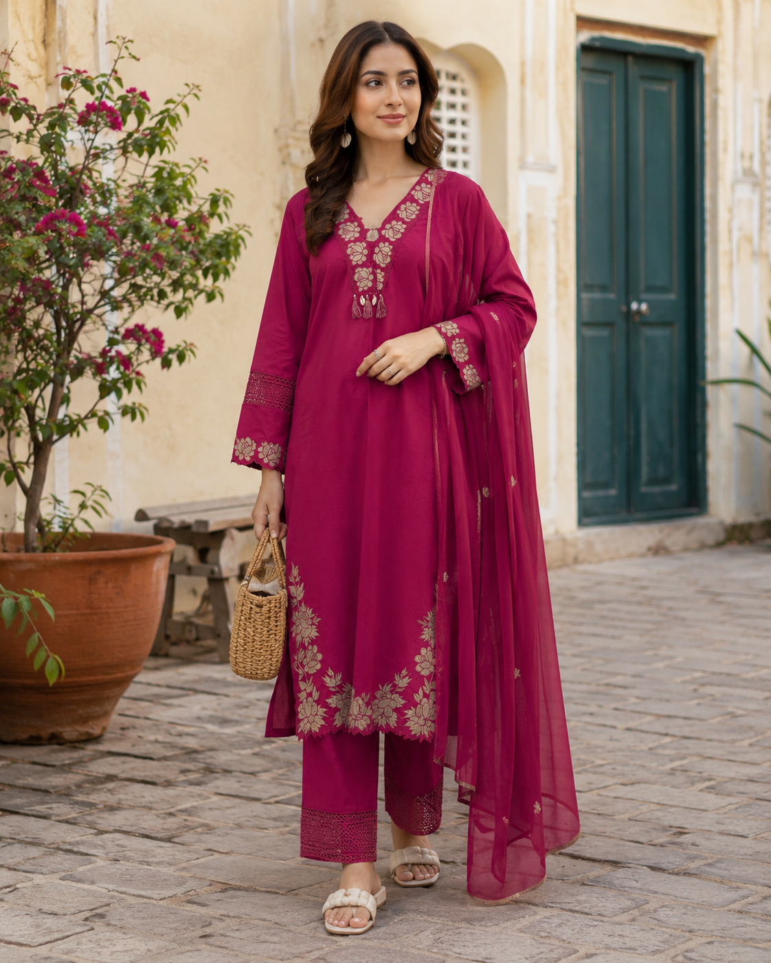 Magenta Pure Cotton Straight suit with Embroidery and lace work