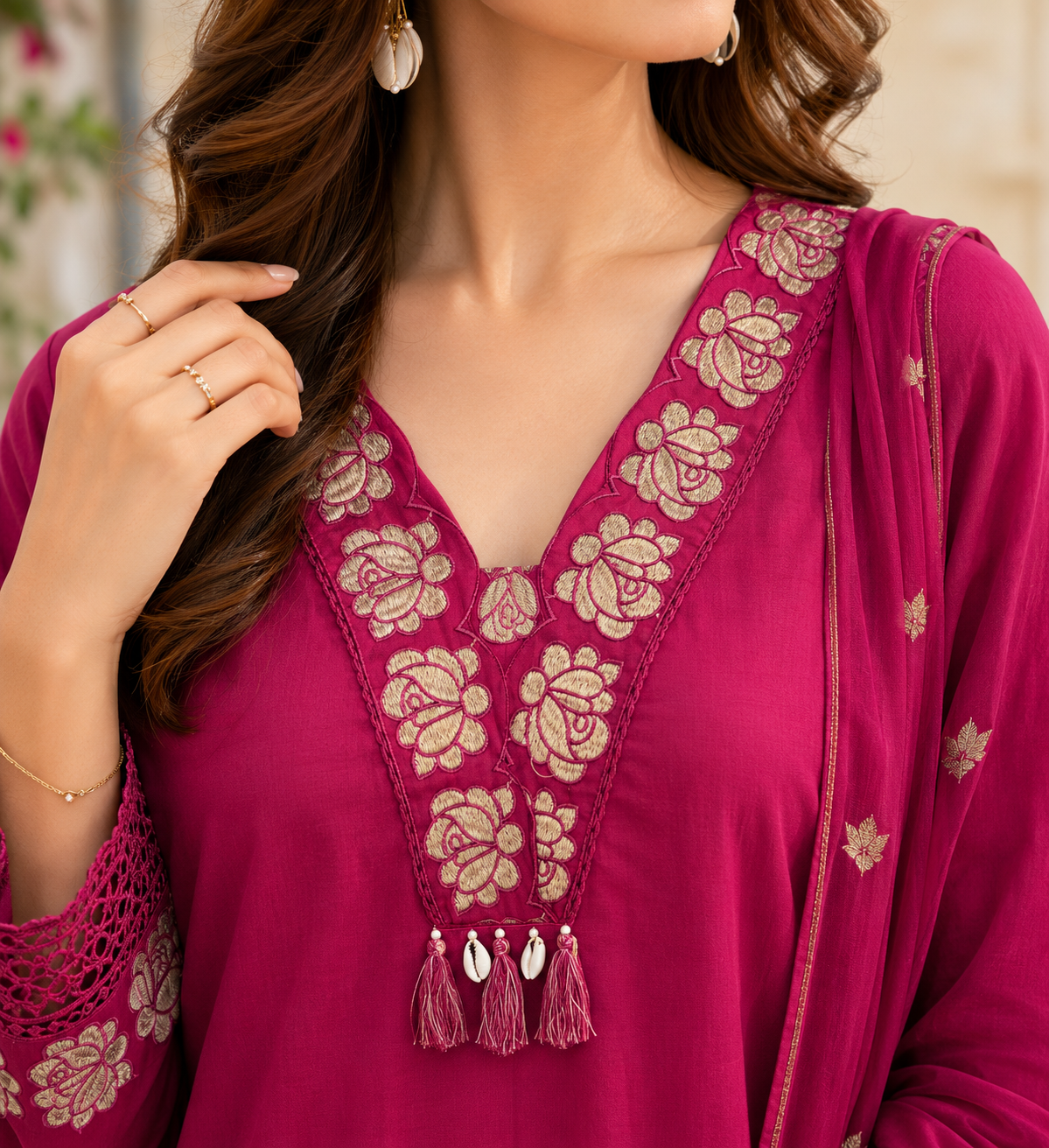 Magenta Pure Cotton Straight suit with Embroidery and lace work