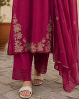 Magenta Pure Cotton Straight suit with Embroidery and lace work
