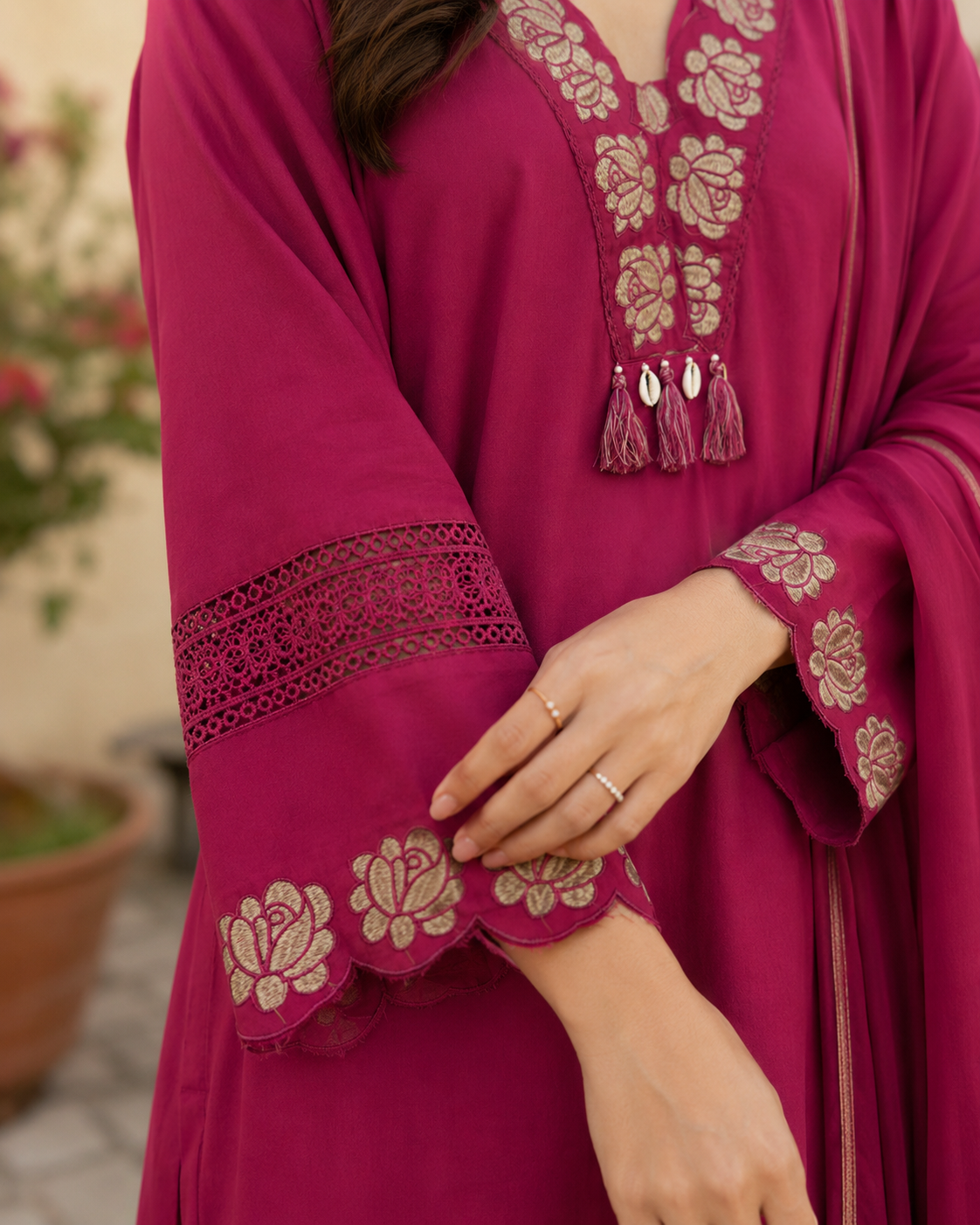 Magenta Pure Cotton Straight suit with Embroidery and lace work