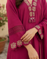 Magenta Pure Cotton Straight suit with Embroidery and lace work