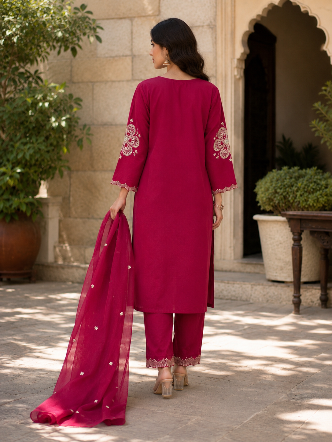 Rani Pink Cotton Straight suit with Embroidery Work