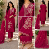 Rani Pink Cotton Straight suit with Embroidery Work