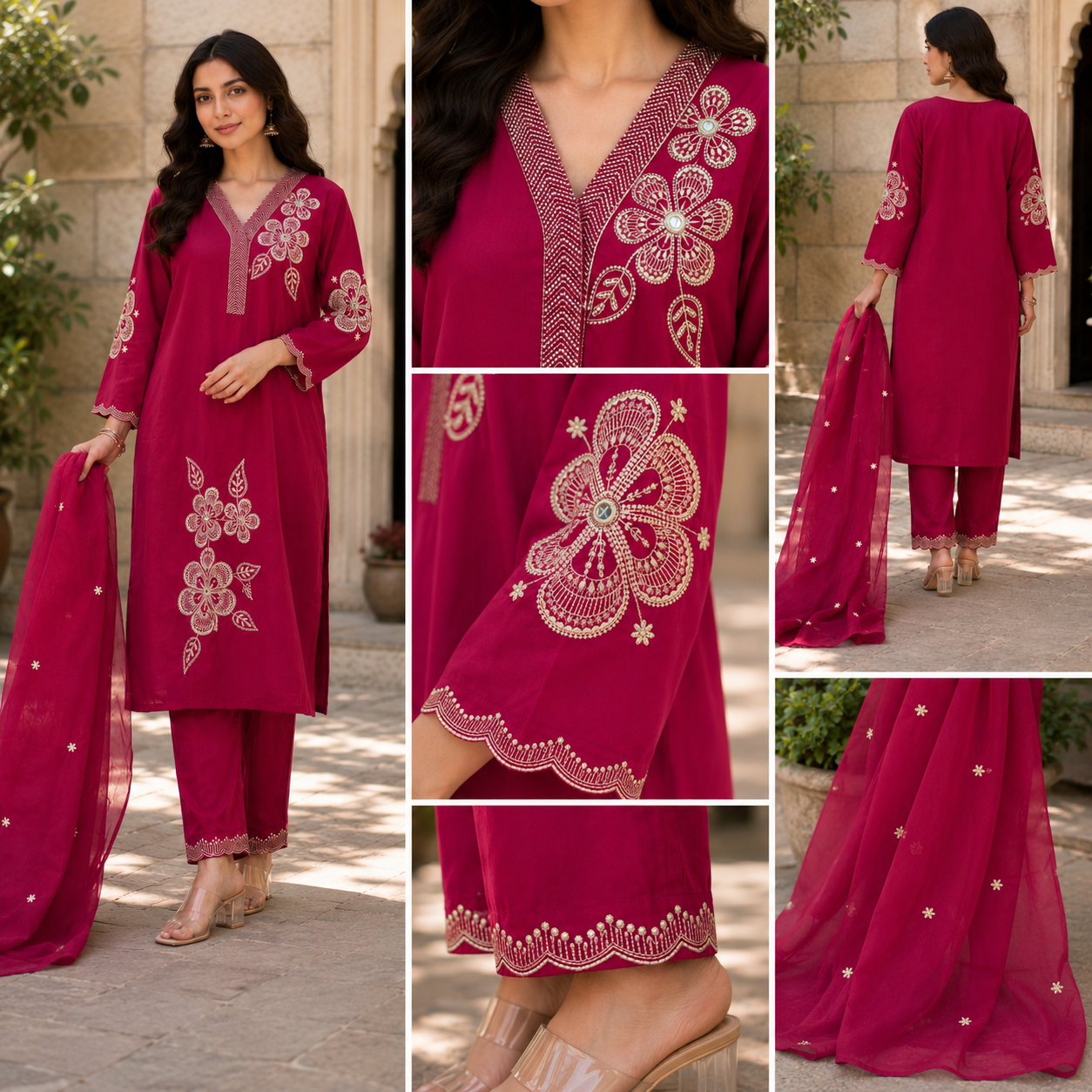 Rani Pink Cotton Straight suit with Embroidery Work