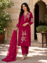 Rani Pink Cotton Straight suit with Embroidery Work