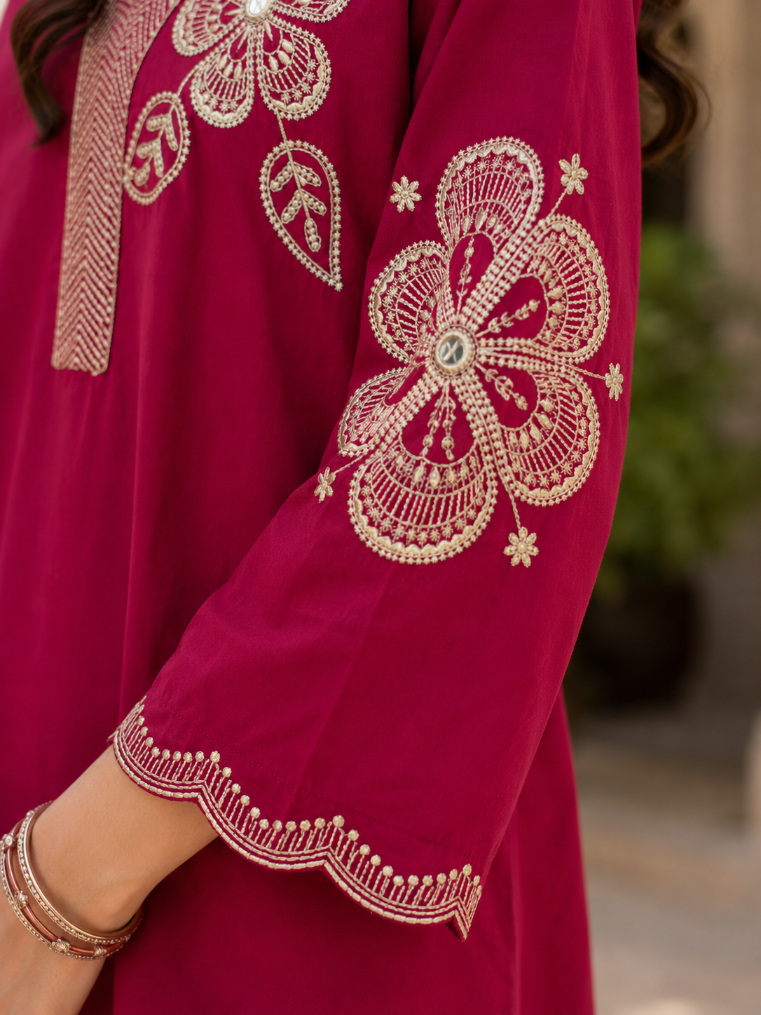 Rani Pink Cotton Straight suit with Embroidery Work