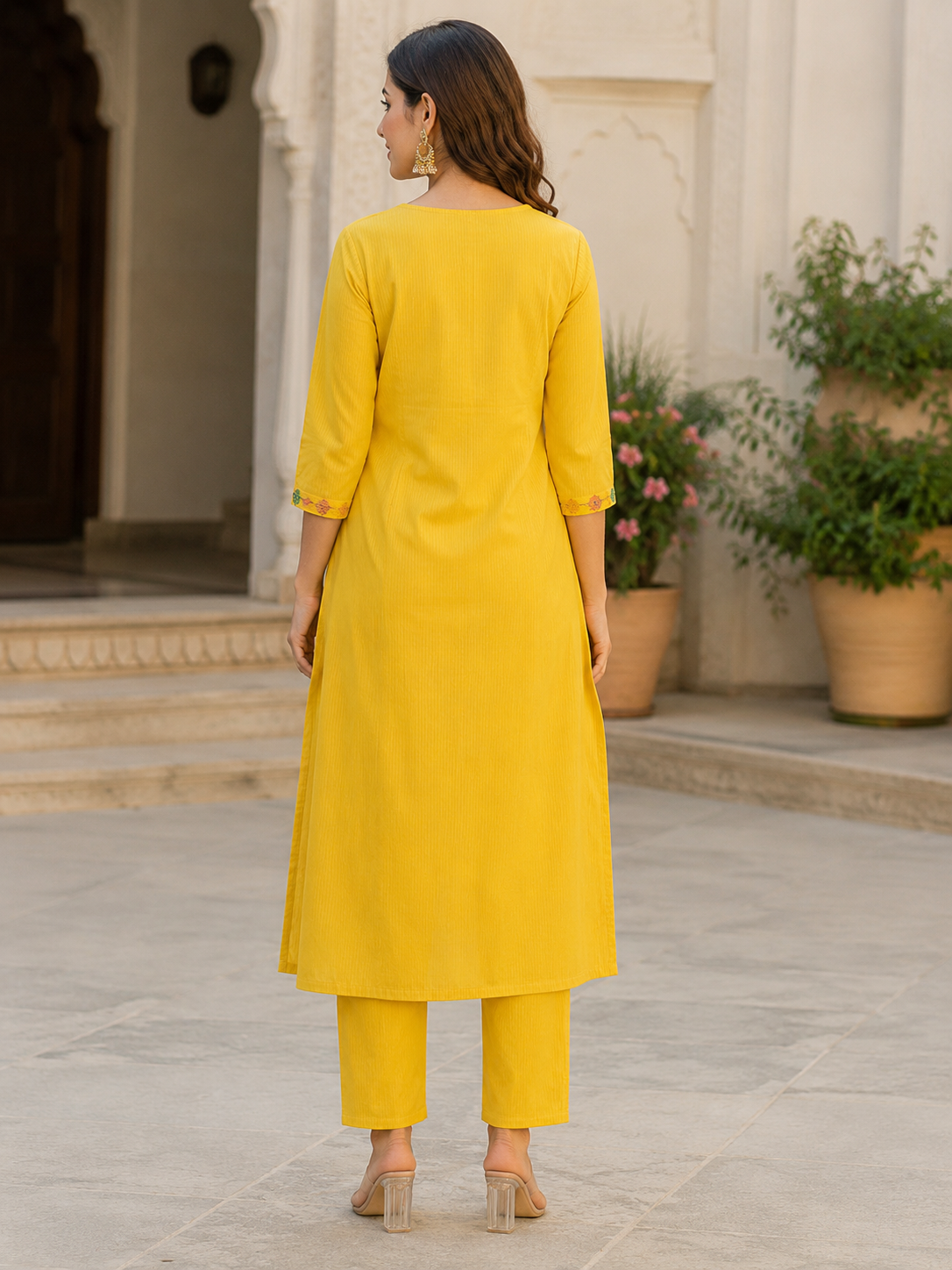 Yellow Silly Cotton A-line suit with Embroidery and beads work