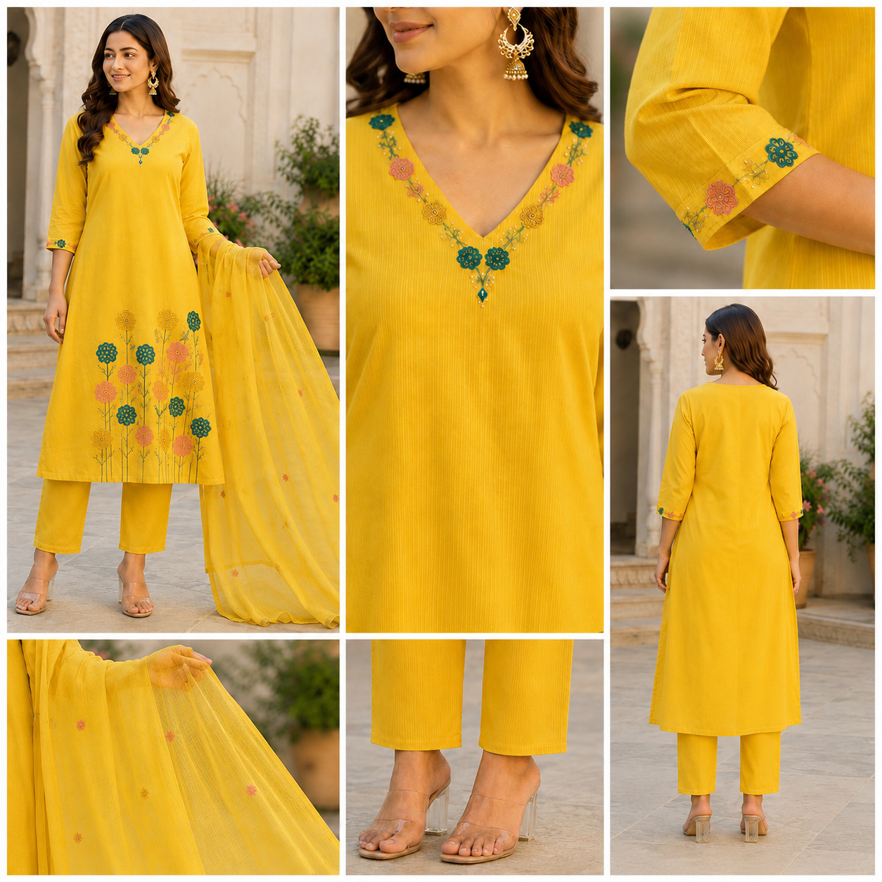 Yellow Silly Cotton A-line suit with Embroidery and beads work