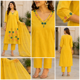 Yellow Silly Cotton A-line suit with Embroidery and beads work
